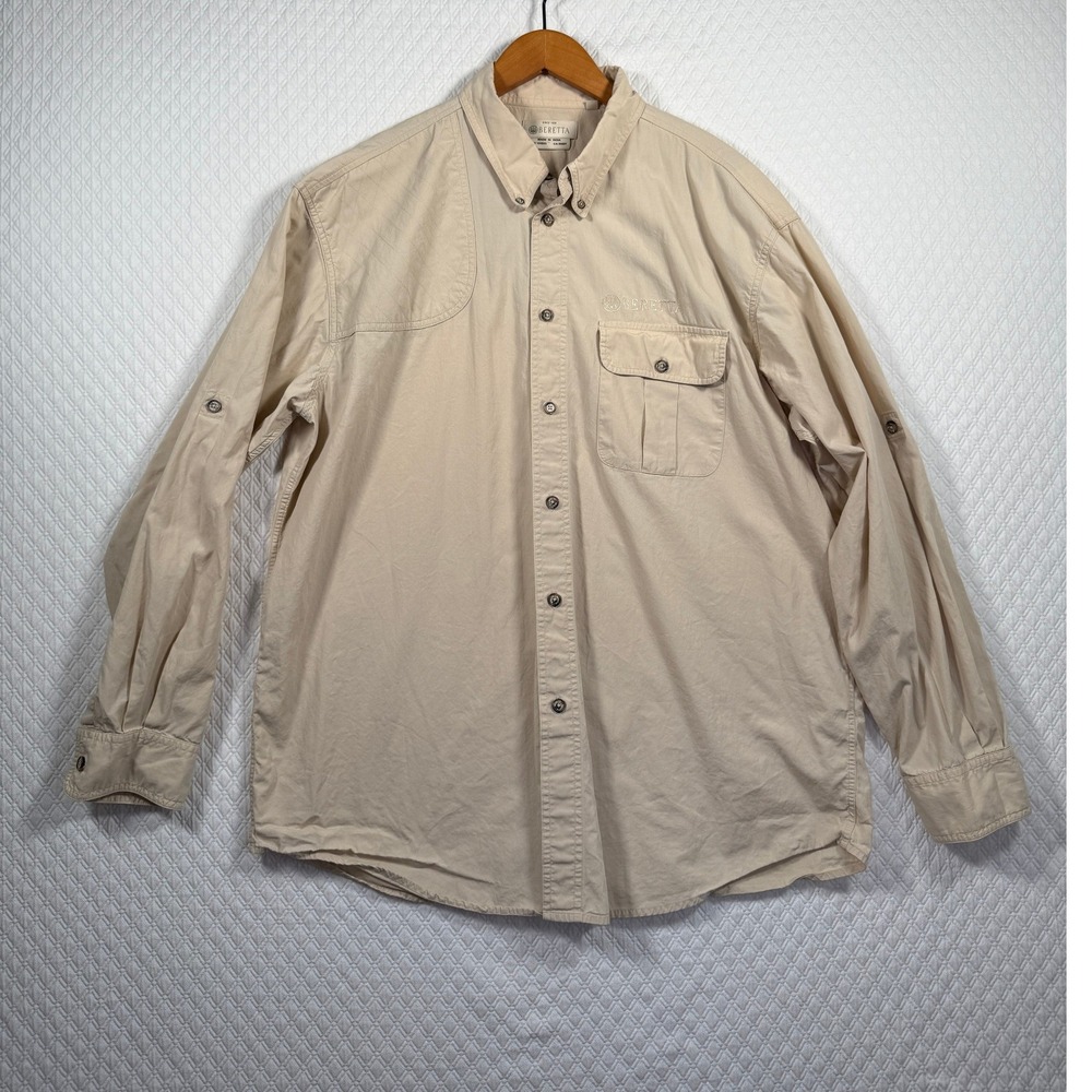 Beretta Mens Tan Cotton Long Sleeve Shooting Shirt Vented Back XL Shooting Patch